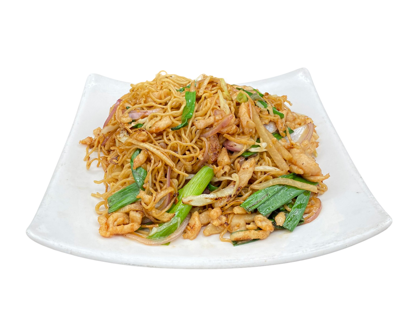 Chicken lo mein on a plate